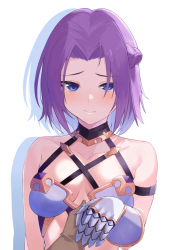 Rule 34 | 1girl, armor, bikini armor, blue eyes, blush, breasts, brown gloves, cleavage, closed mouth, collarbone, gauntlets, gloves, hair intakes, hand grab, highres, jun (princess connect!), jun (summer) (princess connect!), looking at viewer, medium breasts, princess connect!, purple hair, shadow, shimon (31426784), short hair, simple background, upper body, white background