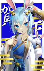 Rule 34 | 1girl, absurdres, animal, animal ears, animal on shoulder, bell, blue eyes, blue hair, blush, chinese zodiac, crescent, crescent hair ornament, egasumi, facial mark, gohei, hair bell, hair bun, hair ornament, hair stick, highres, holding, holding mallet, japanese clothes, kimono, long sleeves, mallet, new year, obi, original, paw pose, rabbit, rabbit ears, rabbit girl, ribbon-trimmed sleeves, ribbon trim, sash, shin insh, solo, tongue, tongue out, translation request, v-shaped eyebrows, whisker markings, wide sleeves, year of the rabbit