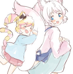 Rule 34 | &gt; &lt;, 2girls, :d, > <, aged down, animal ear fluff, animal ears, apron, black bow, blonde hair, blue apron, blue pants, blue shirt, blush stickers, bow, cat ears, cat girl, cat tail, closed eyes, feet out of frame, fox ears, fox girl, fox tail, hair bow, highres, howan (show by rock!!), kindergarten uniform, long sleeves, looking back, mashima himeko (show by rock!!), multicolored hair, multiple girls, nyama, open mouth, pants, pink hair, pleated skirt, ponytail, puffy long sleeves, puffy sleeves, red skirt, shirt, short eyebrows, show by rock!!, simple background, skirt, smile, squatting, standing, standing on one leg, striped tail, tail, teeth, thick eyebrows, twintails, two-tone hair, upper teeth only, white background, white hair, white shirt, xd