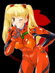 Rule 34 | 1girl, black background, blonde hair, blush, breasts, cosplay, cowboy shot, english text, hand on own hip, kamia (not found), matsuoka kiyone, neon genesis evangelion, nerv, one eye closed, original, outline, plugsuit, plugsuit (cosplay), skin tight, solo, souryuu asuka langley, souryuu asuka langley (cosplay), standing, wide hips, wink