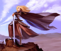 Rule 34 | 1girl, armor, blonde hair, boots, braid, breastplate, cape, cloud, day, faulds, hands on hilt, long hair, original, saejin oh, solo, sword, weapon, wind
