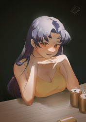 Rule 34 | 1girl, 2021, :d, absurdres, black background, blue hair, breasts, brown eyes, can, cleavage, collarbone, dated, hair intakes, highres, katsuragi misato, large breasts, long hair, neon genesis evangelion, open mouth, sandwich (3meiji), sleeveless, smile, solo, straight hair, table, tank top, upper body, yellow tank top