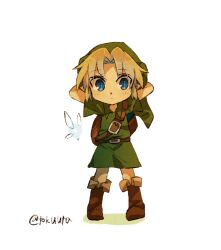 Rule 34 | 1boy, ahoge, artist name, belt, belt buckle, blonde hair, blue eyes, blush, boots, brown belt, brown footwear, buckle, closed mouth, collared shirt, commentary request, expressionless, facing away, fairy, full body, green hat, green shirt, hat, link, looking at viewer, male focus, navi, nintendo, parted bangs, pointy ears, shirt, short hair, short sleeves, sidelocks, simple background, solo, the legend of zelda, the legend of zelda: ocarina of time, tokuura, twitter username, young link