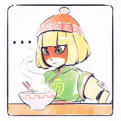 Rule 34 | ..., 1girl, arms (game), blonde hair, chinese clothes, chopsticks, facepaint, food, green eyes, hat, ilya kuvshinov, min min (arms), noodles, ramen, short hair, simple background, solo