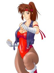 Rule 34 | 1girl, artist request, breakers, breasts, brown eyes, brown hair, brown pantyhose, cleavage, fighting stance, headband, jacket, leg up, leg warmers, leotard, looking at viewer, pantyhose, ponytail, simple background, smile, solo, tia langray, white background, wrist wrap