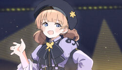 Rule 34 | 1girl, alternate hairstyle, beret, black bow, black bowtie, black hat, blue eyes, blurry, blurry background, blush, bow, bowtie, butterfly brooch, center frills, commentary request, dancing, film grain, frilled sleeves, frills, half-closed eyes, hand up, hat, highres, idolmaster, idolmaster million live!, juliet sleeves, light brown hair, light particles, long sleeves, looking at viewer, low twintails, meeeeeeco359, official alternate costume, open mouth, proud of stage (idolmaster), puffy sleeves, purple shirt, shirt, short twintails, sleeve garter, smile, snowflake hat ornament, solo, stage, suou momoko, suspenders, sweat, twintails, upper body, wide sleeves, ||/