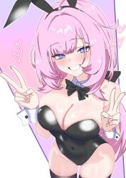 Rule 34 | 1girl, absurdres, alternate costume, animal ears, bare shoulders, black bow, black bowtie, black hairband, black leotard, black thighhighs, blue eyes, blush, bow, bowtie, breasts, cleavage, commentary, covered navel, detached collar, double v, elysia (honkai impact), fake animal ears, from above, hairband, hands up, heart, highleg, highleg leotard, highres, honkai (series), honkai impact 3rd, large breasts, leotard, long hair, looking at viewer, oldsickkim, pink hair, pink pupils, playboy bunny, pointy ears, rabbit ears, smile, thighhighs, thighs, v, wrist cuffs
