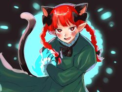 Rule 34 | 1girl, animal ears, black bow, bow, braid, cat ears, cat tail, dress, extra ears, fang, green dress, hair bow, highres, kaenbyou rin, kashiwara mana, long sleeves, multiple tails, nekomata, pointy ears, red eyes, red hair, smile, solo, tail, touhou, twin braids, two tails