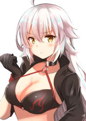 Rule 34 | 1girl, bikini, black bikini, black choker, black gloves, black jacket, blush, breasts, brown eyes, choker, cleavage, closed mouth, collarbone, commentary request, fate/grand order, fate (series), gloves, hair between eyes, highres, jacket, jeanne d&#039;arc alter (swimsuit berserker) (fate), jeanne d&#039;arc (fate), jeanne d&#039;arc alter (fate), jeanne d&#039;arc alter (swimsuit berserker) (fate), large breasts, long hair, long sleeves, looking at viewer, o-ring, o-ring bikini, o-ring top, shibakame, shrug (clothing), silver hair, simple background, solo, swimsuit, very long hair, white background