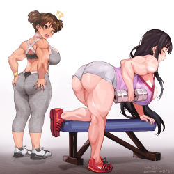 Rule 34 | 2girls, akiyama mio, ass, breasts, exercising, highres, k-on!, multiple girls, muscular, suzuki jun