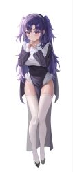 Rule 34 | 1girl, absurdres, alternate costume, black footwear, blue archive, blush, breasts, closed mouth, full body, highres, long hair, long sleeves, looking at viewer, medium breasts, mella (mell a12), purple eyes, purple hair, shoes, simple background, solo, thighhighs, two side up, white background, white thighhighs, yuuka (blue archive)