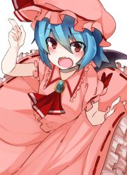 Rule 34 | 1girl, :o, bad id, bad pixiv id, bat wings, blue hair, dress, fang, hat, hat ribbon, highres, hiiragi ken, looking at viewer, open mouth, red eyes, red ribbon, remilia scarlet, ribbon, short hair, solo, thighhighs, touhou, wings, zettai ryouiki