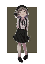 Rule 34 | 1girl, :d, absurdres, black bow, black footwear, black hat, black ribbon, black skirt, blush, bow, brown background, brown eyes, brown hair, collared shirt, commentary request, flower, hair flower, hair ornament, hair rings, hat, hatoba tsugu, highres, karahai (31448823), leaning forward, loafers, looking at viewer, mole, mole under eye, open mouth, pantyhose, ribbon, rose, shirt, shoes, skirt, smile, solo, standing, suspender skirt, suspenders, two-tone background, virtual youtuber, white background, white flower, white pantyhose, white rose, white shirt