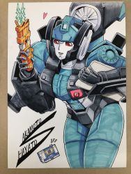 Rule 34 | 1girl, clipboard, decepticon, heart, highres, holding, holding clipboard, leaning forward, marker (medium), mecha, moonheart, open mouth, photo (medium), radio, red eyes, robot, sakamoto hayato, science fiction, smile, solo focus, soundwave (transformers), taser, traditional media, transformers, white background