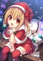 Rule 34 | 1girl, :d, alternate costume, arm support, blonde hair, blush, capelet, christmas, crystal, flandre scarlet, fur trim, hair between eyes, hair ribbon, hat, janne cherry, looking at viewer, miniskirt, open mouth, red eyes, red ribbon, red skirt, red thighhighs, ribbon, sack, santa costume, santa hat, side ponytail, sitting, skirt, smile, snowing, solo, thighhighs, touhou, wings