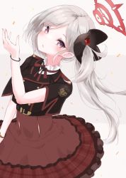 Rule 34 | 1girl, black flower, black jacket, blue archive, brown skirt, commentary request, flower, frilled skirt, frills, grey background, grey hair, hair flower, hair ornament, halo, hand up, highres, jacket, long hair, looking at viewer, mutsuki (blue archive), noko (nco029685627), parted bangs, parted lips, plaid, plaid skirt, shirt, short sleeves, side ponytail, simple background, skirt, solo, very long hair, white shirt, wide sleeves