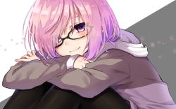 Rule 34 | 1girl, black-framed eyewear, black pantyhose, blush, closed mouth, crossed arms, eyes visible through hair, fate/grand order, fate (series), glasses, hair over one eye, head rest, hood, hood down, hooded jacket, jacket, kayano (hizukis ), knees up, leaning forward, long sleeves, looking at viewer, mash kyrielight, pantyhose, purple eyes, purple hair, short hair, sitting, sleeves past wrists, smile, solo, swept bangs, two-tone background, unzipped