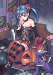 Rule 34 | 1girl, bare shoulders, blue hair, boots, buckle, candy, candy cane, choker, collar, cross hair ornament, dagger, elbow gloves, fingerless gloves, food, food-themed hair ornament, gloves, gonster, hair ornament, halloween, highres, holding, indoors, jack-o&#039;-lantern, knife, licking, lollipop, long hair, miniskirt, naughty face, original, pinstripe pattern, plaid, plaid skirt, pumpkin, pumpkin hair ornament, red eyes, sitting, skirt, solo, striped clothes, striped thighhighs, swirl lollipop, thighhighs, thriller (michael jackson), twintails, vertical stripes, weapon, zipper