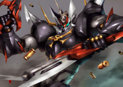 Rule 34 | blue eyes, bullet, clenched hand, dual wielding, glowing, glowing eyes, gun, harymachinegun, highres, holding, holding gun, holding weapon, mazinger (series), mazinkaiser, mazinkaiser skl, mazinkaiser skl (mecha), mecha, no humans, rifle, robot, science fiction, shell casing, skull, super robot, v-fin, visor, weapon
