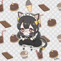 Rule 34 | 1girl, :3, animal ears, animal hands, black hair, black skirt, blush, bow, cake, candy, cat ears, cat tail, character request, cherry, chibi, chocolate, chocolate bar, closed mouth, commentary request, diamond-shaped pupils, diamond (shape), drinking straw, fake animal ears, fake tail, food, fruit, full body, glasses, gloves, hair bow, hands on own face, headdress, ice cream, ice cream cone, looking at viewer, low twintails, medium bangs, milkshake, miyan (shamigame), paw gloves, puffy short sleeves, puffy sleeves, ragnarok masters, ragnarok online, red eyes, shirt, short hair, short sleeves, short twintails, sidelocks, skirt, smile, solo, symbol-shaped pupils, tail, tail bow, tail ornament, twintails, white shirt, yellow bow