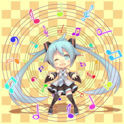 Rule 34 | 1girl, aqua eyes, aqua hair, bad id, bad pixiv id, boots, checkered background, chibi, detached sleeves, hatsune miku, head tilt, long hair, musical note, necktie, one eye closed, shiitake (mm0820), skirt, solo, thigh boots, thighhighs, twintails, very long hair, vocaloid, wink