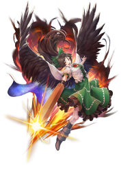 Rule 34 | 1girl, absurdres, arm cannon, bird wings, black hair, black socks, black wings, bow, buttons, collared shirt, feathered wings, frilled skirt, frills, full body, green bow, green skirt, hair bow, hayaten, highres, kneehighs, long hair, open mouth, red eyes, reiuji utsuho, revision, shirt, short sleeves, simple background, skirt, socks, solo, third eye, touhou, weapon, white background, white shirt, wings