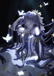 Rule 34 | 1girl, arknights, astesia (arknights), astesia (frlibe on the palace) (arknights), baqi7720, bare shoulders, bird, black background, blue hair, blue lips, closed eyes, dress, hair lift, hand in own hair, highres, layered dress, lipstick, long hair, makeup, on floor, ribbon, simple background, solo, white dress, yellow ribbon