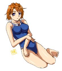 Rule 34 | 00s, 1girl, barefoot, blue one-piece swimsuit, breasts, full body, impossible clothes, large breasts, my-hime, one-piece swimsuit, orange hair, purple hair, short hair, simple background, solo, swimsuit, tokiha mai, white background