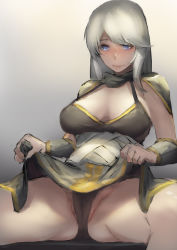 Rule 34 | 1girl, ashe (league of legends), blue eyes, clothes lift, highres, league of legends, long hair, looking at viewer, silver hair, skirt, skirt lift, sky of morika, smile, solo, spread legs, thighs