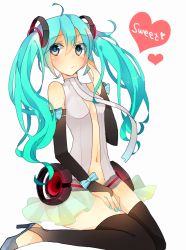 Rule 34 | 1girl, ahoge, aqua eyes, aqua hair, bad id, bad pixiv id, breasts, bridal gauntlets, center opening, hatsune miku, hatsune miku (append), high heels, kawahara chisato, kawara, long hair, nail polish, navel, necktie, shoes, simple background, sitting, solo, thighhighs, twintails, vocaloid, vocaloid append, white background
