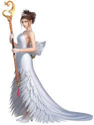 Rule 34 | 1girl, 3d, alternate costume, backless dress, backless outfit, bare shoulders, blue eyes, dissidia final fantasy, dissidia final fantasy nt, dress, final fantasy, final fantasy x, full body, gloves, green eyes, hair up, heterochromia, high heels, highres, jewelry, looking at viewer, necklace, official art, simple background, smile, solo, staff, strapless, strapless dress, tiara, wedding dress, white background, white dress, yuna (ff10)