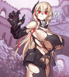 Rule 34 | 1girl, ?, alternate breast size, blonde hair, blurry, blurry background, breasts, cleavage, cowboy shot, girls&#039; frontline, headgear, huge breasts, long hair, m4 sopmod ii (girls&#039; frontline), mechanical arms, melon22, multicolored hair, prosthesis, prosthetic arm, red eyes, revealing clothes, ruins, single mechanical arm, smile, solo, torn clothes
