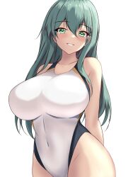 1girl aqua_eyes aqua_hair blush breasts collarbone competition_swimsuit covered_navel cowboy_shot hair_between_eyes hair_ornament hairclip highres kantai_collection large_breasts long_hair looking_at_viewer montemasa multicolored_swimsuit one-hour_drawing_challenge one-piece_swimsuit open_mouth simple_background smile solo suzuya_(kancolle) swimsuit twitter_username two-tone_swimsuit white_background white_one-piece_swimsuit