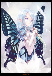 Rule 34 | 1girl, armlet, bad id, bad pixiv id, blue eyes, blue hair, bodysuit, border, butterfly wings, dagger, detached sleeves, fairy, frills, holding, insect wings, kiran (kiranpln), knife, matching hair/eyes, nail polish, original, pointy ears, puffy sleeves, short hair, shorts, solo, text focus, weapon, wings