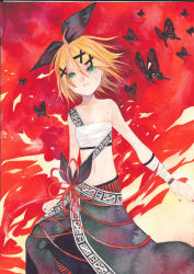 Rule 34 | 1girl, alternate costume, bare shoulders, bow, bug, butterfly, collarbone, colored pencil (medium), fire, hair bow, hair ornament, hairclip, bug, iroha uta (vocaloid), kagamine rin, mosho, navel, painting (medium), project diva (series), project diva extend, sarashi, solo, traditional media, vocaloid, watercolor (medium), watercolor pencil (medium)