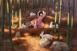 Rule 34 | 1girl, animal ears, arms behind head, bamboo, bamboo forest, black hair, bloomers, carrot necklace, closed eyes, commentary request, dress, forest, full body, highres, inaba tewi, jewelry, nature, necklace, outdoors, pink dress, rabbit, rabbit ears, rabbit girl, satellitedragon, short hair, short sleeves, touhou, underwear