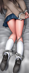 Rule 34 | 1girl, arms behind back, bdsm, bed, bondage, bound, bound ankles, bound wrists, brown hair, chain, cuffs, handcuffs, head out of frame, long hair, original, pleated skirt, school uniform, shingyouji tatsuya, skirt, solo