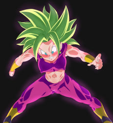 Rule 34 | 1girl, angry, bar censor, big hair, black background, blush, boots, breasts, cameltoe, censored, cleft of venus, clenched teeth, covered erect nipples, dragon ball, dragon ball super, earrings, embarrassed, female focus, green eyes, green hair, groin, jewelry, kefla (dragon ball), large breasts, legs, legs apart, looking at viewer, navel, outstretched arms, rom (20), simple background, sleeveless, solo, spiked hair, spread arms, standing, teeth, thick thighs, thighs, toned