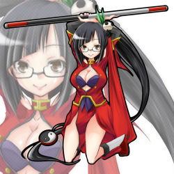 Rule 34 | arc system works, black hair, blazblue, blazblue: calamity trigger, breasts, brown eyes, china dress, chinese clothes, cleavage, cleavage cutout, clothing cutout, dress, glasses, hair ornament, litchi faye ling, long hair, panda, ponytail, staff, very long hair, zanku