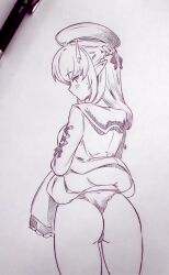 Rule 34 | 1girl, ass, blush, braid, clothes lift, commentary request, corrupted twitter file, from behind, highres, hololive, looking at viewer, looking back, monochrome, panties, pointy ears, shiranui flare, shiranui flare (street), skirt, skirt lift, solo, traditional media, tsukareta san, underwear, virtual youtuber