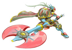 Rule 34 | 1other, ambiguous gender, armor, axe, battle axe, belt buckle, buckle, cape, creatures (company), fighting stance, forehead protector, full armor, full body, game freak, garrett hanna, gen 3 pokemon, green hair, highres, holding, holding axe, holding weapon, huge weapon, knee pads, monster hunter (series), nintendo, pauldrons, personification, pokemon, pokemon (creature), ponytail, salamence, shoulder armor, solo, weapon, white background