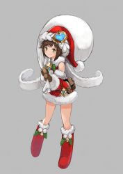 Rule 34 | 1girl, bell, belt, black mittens, blackball, boots, brown hair, christmas, closed mouth, clothing cutout, commentary, dress, full body, fur-trimmed dress, fur trim, green eyes, grey background, hat, hat ornament, holding, holding sack, long sleeves, looking at viewer, mittens, neck bell, original, over shoulder, pouch, red footwear, red hat, sack, santa boots, santa dress, santa hat, short dress, short hair, shoulder cutout, simple background, smile, solo, standing, symbol-only commentary, utility belt