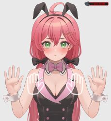 Rule 34 | 1girl, :&lt;, absurdres, ahoge, alternate costume, animal ears, black vest, blush, bow, bowtie, breasts, bunny garden, buttons, cleavage, collared vest, commentary request, detached collar, double-breasted, double-parted bangs, fake animal ears, green eyes, hair between eyes, hair bow, hair ornament, hairclip, hanazawa ma, hands up, highres, hololive, lapels, large breasts, long hair, looking at viewer, low twintails, notched lapels, pink bow, pink hair, rabbit ears, sakura miko, simple background, small sweatdrop, solo, twintails, upper body, vest, virtual youtuber, white background, wrist cuffs