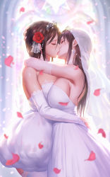 Rule 34 | 2girls, absurdres, arms around waist, blurry, blurry background, breast press, breasts, bridal veil, bride, brown hair, cleavage, dress, earrings, elbow gloves, female focus, flower, gloves, hair flower, hair ornament, highres, jewelry, kiss, large breasts, long hair, multiple girls, nail polish, original, petals, purple nails, short hair, sideboob, stained glass, strapless, strapless dress, tiara, veil, wedding, wedding dress, white dress, white gloves, wife and wife, window, yuri, yuritamashi