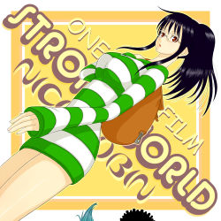 Rule 34 | 1girl, afro, ass, bag, black hair, blue hair, breasts, brook (one piece), character name, copyright name, dress, dutch angle, franky (one piece), glasses, holding, long hair, long sleeves, looking at viewer, mojanosuke, multiple boys, nico robin, nico robin (strong world), one piece, one piece: strong world, open mouth, orange eyes, ponytail, red eyes, shirt, short dress, short hair, striped clothes, striped dress, striped shirt, striped sweater, sukemoja, sweater, sweater dress, yellow background