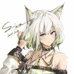 Rule 34 | 1girl, animal ears, arknights, artist name, bare shoulders, cat ears, cat girl, cat tail, chinese commentary, chromatic aberration, closed mouth, coat, commentary, dated, dress, green dress, green eyes, green hair, grey hair, hand in own hair, highres, kal&#039;tsit (arknights), looking at viewer, medium hair, open clothes, open coat, simple background, sin., solo, stethoscope, tail, upper body, white background