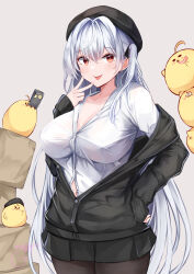Rule 34 | 1girl, :p, azur lane, beret, black hat, black jacket, black pantyhose, black skirt, box, breasts, cardboard box, cellphone, collared shirt, commentary request, dress shirt, grey background, grey hair, hair between eyes, hair intakes, hand on own hip, hand up, hat, highres, holding, holding phone, irohara, jacket, long hair, long sleeves, manjuu (azur lane), medium breasts, navel, one side up, pantyhose, phone, pleated skirt, red eyes, scylla (azur lane), shirt, simple background, skirt, sleeves past fingers, sleeves past wrists, solo, tongue, tongue out, v, very long hair, white shirt