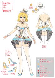 Rule 34 | 1girl, :3, absurdres, alice in wonderland, armlet, ass, backboob, blonde hair, blue eyes, blush, bow, breasts, character sheet, cleavage, club (shape), color guide, concept art, corset, cosplay, detached collar, diamond (shape), dress, green eyes, hat, heart, heterochromia, high heels, highres, japanese text, large breasts, looking at viewer, mad hatter (alice in wonderland), mad hatter (alice in wonderland) (cosplay), navel, official alternate costume, official art, open mouth, panties, pocket watch, ryouna (senran kagura), senran kagura, senran kagura new link, senran kagura shinovi versus, short hair, simple background, smile, solo, spade (shape), thigh gap, thighhighs, top hat, translation request, underwear, watch, white background, white corset, wrist cuffs, yaegashi nan