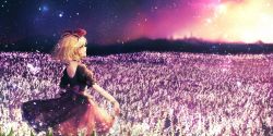 Rule 34 | 1girl, blonde hair, bow, closed mouth, commentary request, doll, doll joints, dress, from behind, hair bow, highres, joints, kyogoku-uru, medicine melancholy, ribbon, short hair, sky, solo, star (sky), starry sky, touhou