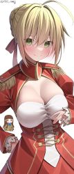 Rule 34 | 2girls, absurdres, ahoge, bad id, bad twitter id, blonde hair, blue ribbon, blunt bangs, breasts, brown eyes, brown hair, cleavage, cleavage cutout, closed mouth, clothing cutout, commentary, dress, epaulettes, fate/extra, fate (series), green eyes, hair between eyes, hair intakes, hair ribbon, hand on own hip, hands on own hips, highres, jitome, kawai ritsu (rits meg), kishinami hakuno (female), large breasts, light smile, long hair, long sleeves, looking at viewer, multiple girls, neck ribbon, nero claudius (fate), nero claudius (fate) (all), nero claudius (fate/extra), red dress, red ribbon, ribbon, school uniform, simple background, tsukumihara academy uniform (fate/extra), twitter username, white background